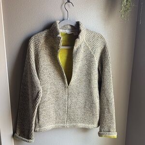 Tsunami Women’s Knit Half Zip Sweater, Tan/Chartreuse, Size M.